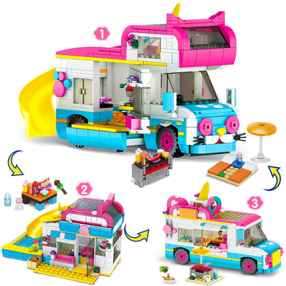 CUBIMANA 3-in-1 cat-themed building set featuring camper van, ice cream truck, city bus with slide and stickers for kids 6-12