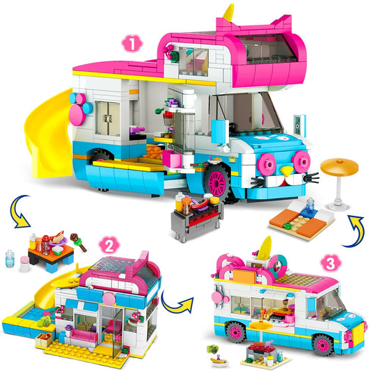 CUBIMANA 3-in-1 cat-themed building set featuring camper van, ice cream truck, city bus with slide and stickers for kids 6-12