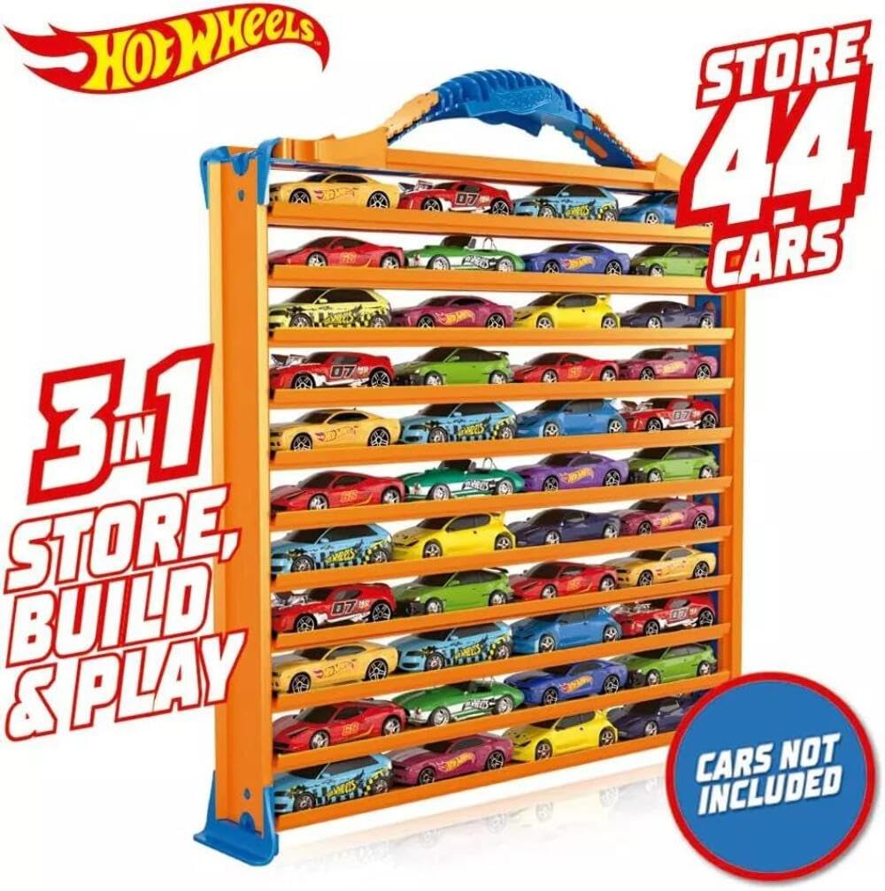 Hot Wheels Rack N' Track organizer with 44 compartments, multi-coloured design for toy storage and display.
