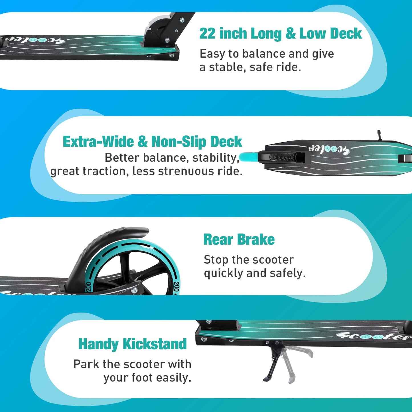 BELEEV Scooter for Kids Ages 6+, 200mm Big Wheel adult Scooters for Boys and Girls, 4 Adjustable Handlebar, Front Suspension, 2 Wheels Scooter with Carry Strap, up to 100Kg