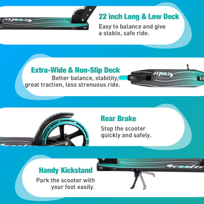 BELEEV Scooter for Kids Ages 6+, 200mm Big Wheel adult Scooters for Boys and Girls, 4 Adjustable Handlebar, Front Suspension, 2 Wheels Scooter with Carry Strap, up to 100Kg