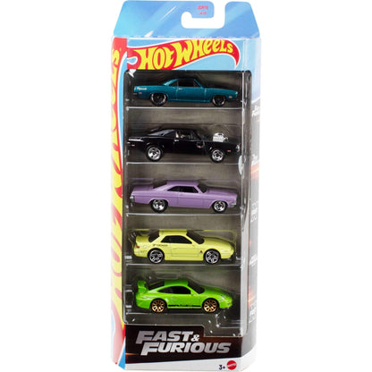 Set of 5 Hot Wheels Fast & Furious die-cast toy cars in 1:64 scale, featuring iconic vehicles from the Fast movies.