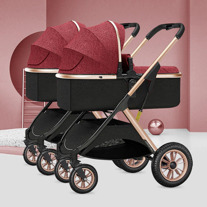 YCKEGEW Double Seat Twin Baby Stroller Luxury Carriage Tandem Pram Side By Side,Detachable Pushchair From Birth to 15 Kg,Infant Twins Stroller Can Sit Lie (Color : Red)