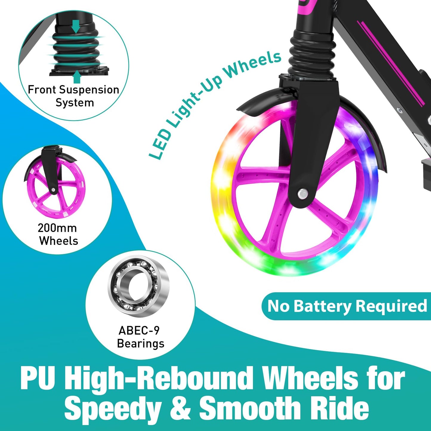 BELEEV Scooter for Kids Ages 6+, 200mm Big Wheel adult Scooters for Boys and Girls, 4 Adjustable Handlebar, Front Suspension, 2 Wheels Scooter with Carry Strap, up to 100Kg(Galaxy Purple)