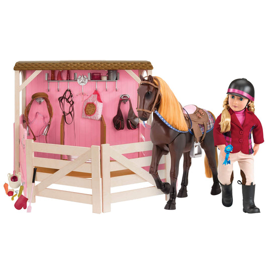 Our Generation Deluxe Lily Anna Doll in equestrian outfit, soft and poseable, with horse riding accessories and storybook.