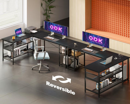 ODK L Shaped Gaming Desk, 168 X 120 cm Reversible Computer Desk with 2 Sockets and 2 USB Charging Ports, Corner Desks with Storage, Gaming Table Carbon Fiber Black