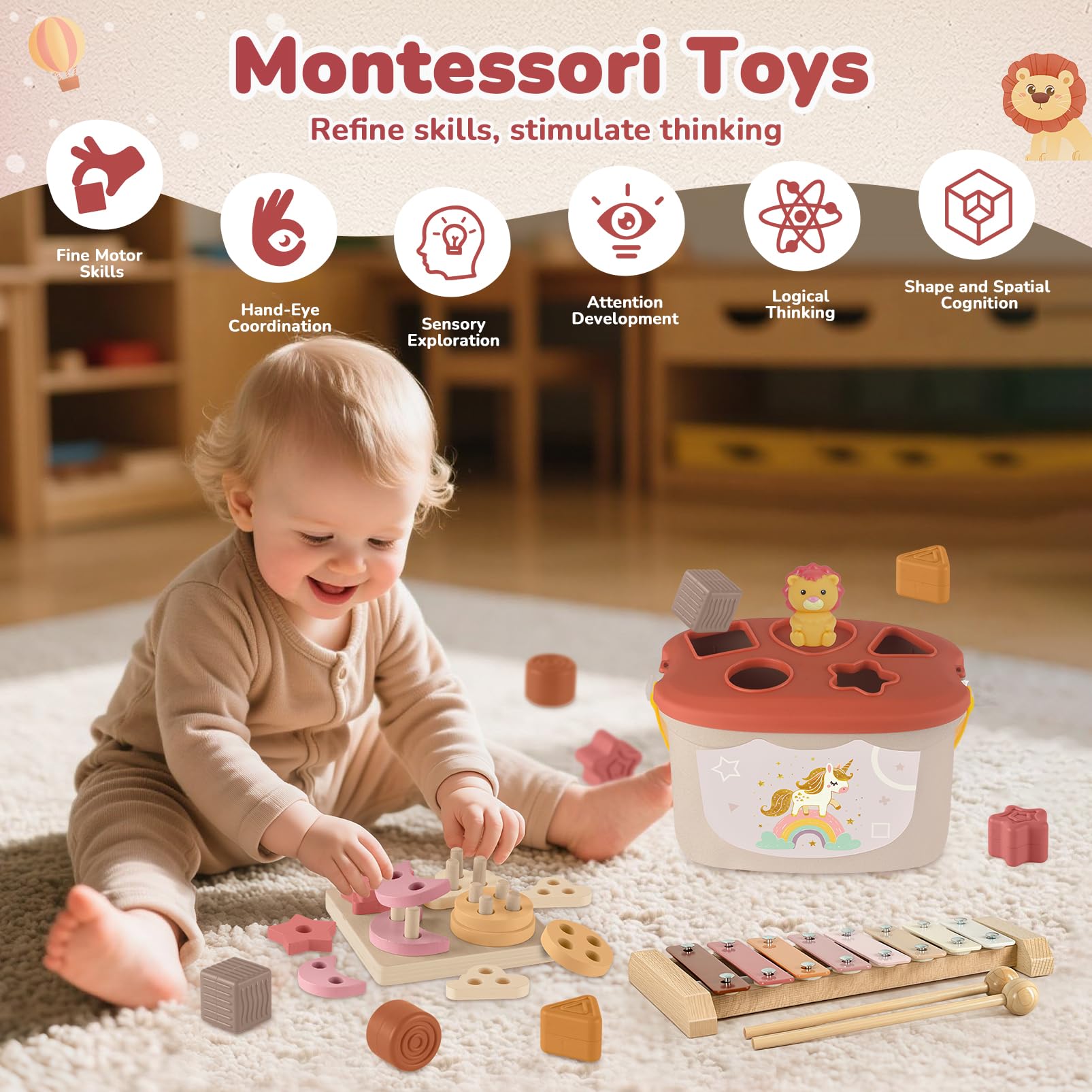 Almaxi 5-in-1 Montessori baby toy set with stacking rings, blocks, shape sorter, and xylophone for 6-12 months.