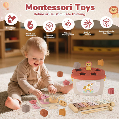 Almaxi 5-in-1 Montessori baby toy set with stacking rings, blocks, shape sorter, and xylophone for 6-12 months.