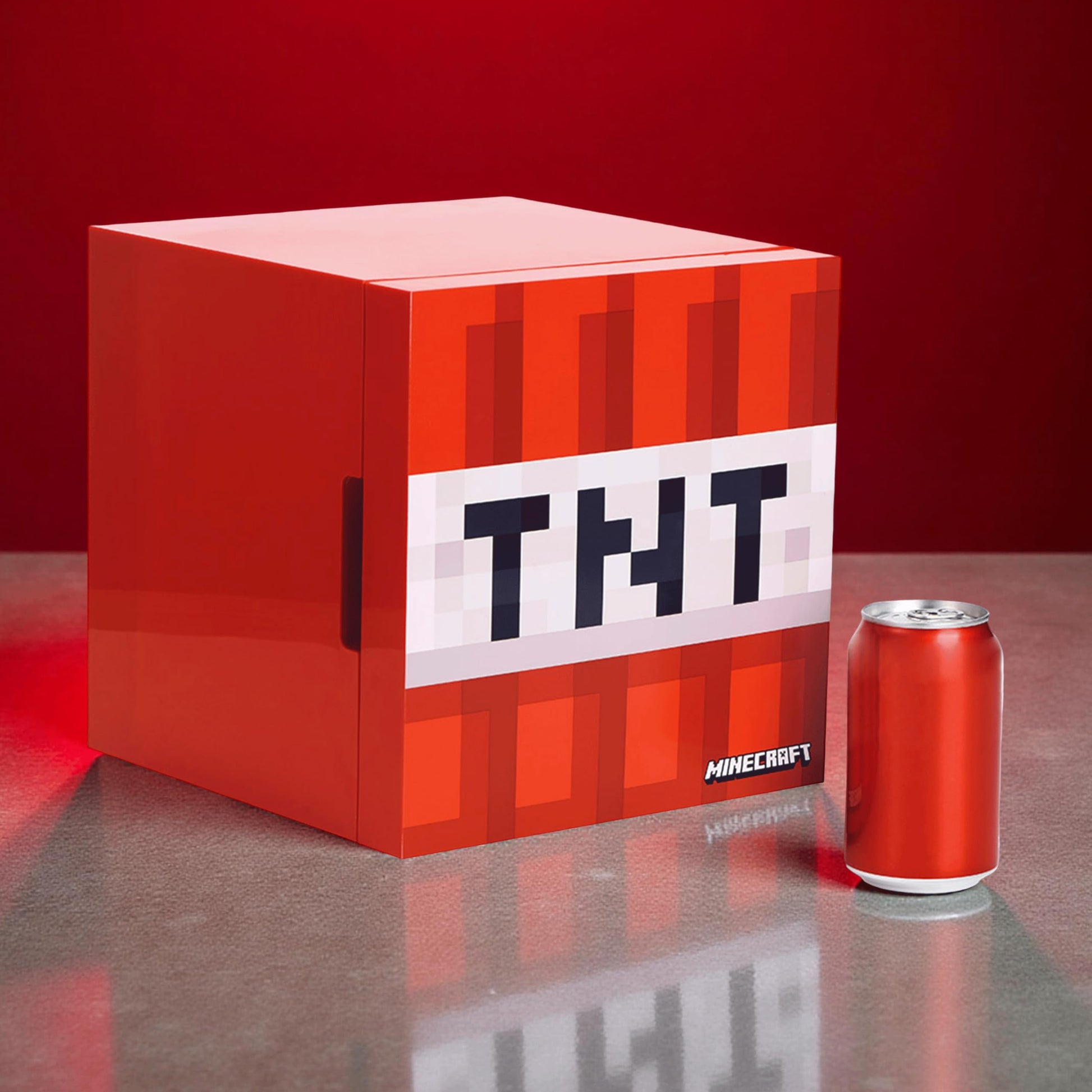 Menkind UKONiC Minecraft TNT Block mini fridge with AC/DC power options, 6 can capacity, featuring a TNT block design.