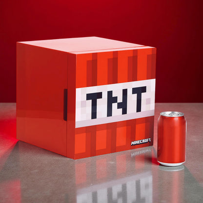 Menkind UKONiC Minecraft TNT Block mini fridge with AC/DC power options, 6 can capacity, featuring a TNT block design.