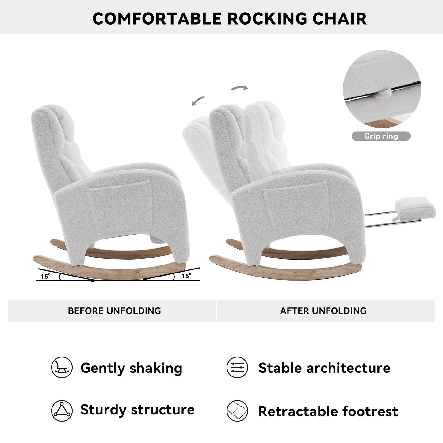 DEKKETO teddy rocking chair with headrest, footrest, side pocket, white fabric, comfortable nursery and adult nursing armchair.