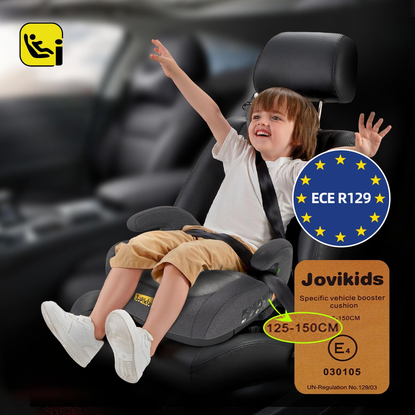 Jovikids I-Size Booster Seat for Car with ISOFIX, 125-150cm (Group 2/3, 6-12 Years), Portable Car Seats for Kids, Comfortable, Compact, Convenient for Everyday Use, Great for Travel, ECE R129, Black