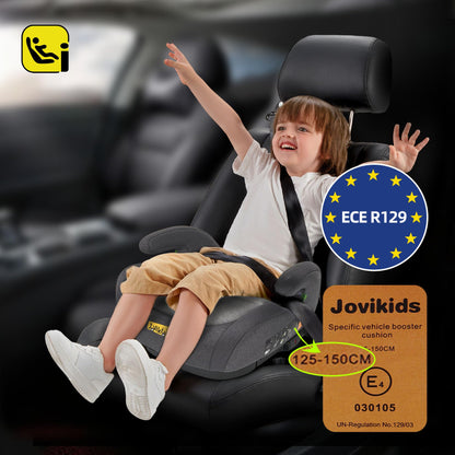 Jovikids I-Size Booster Seat for Car with ISOFIX, 125-150cm (Group 2/3, 6-12 Years), Portable Car Seats for Kids, Comfortable, Compact, Convenient for Everyday Use, Great for Travel, ECE R129, Black