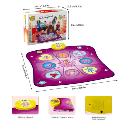 Rodzon dance mat toy for girls with LED lights, adjustable volume, 3 game modes, built-in music, suitable for kids aged 3 to 9.