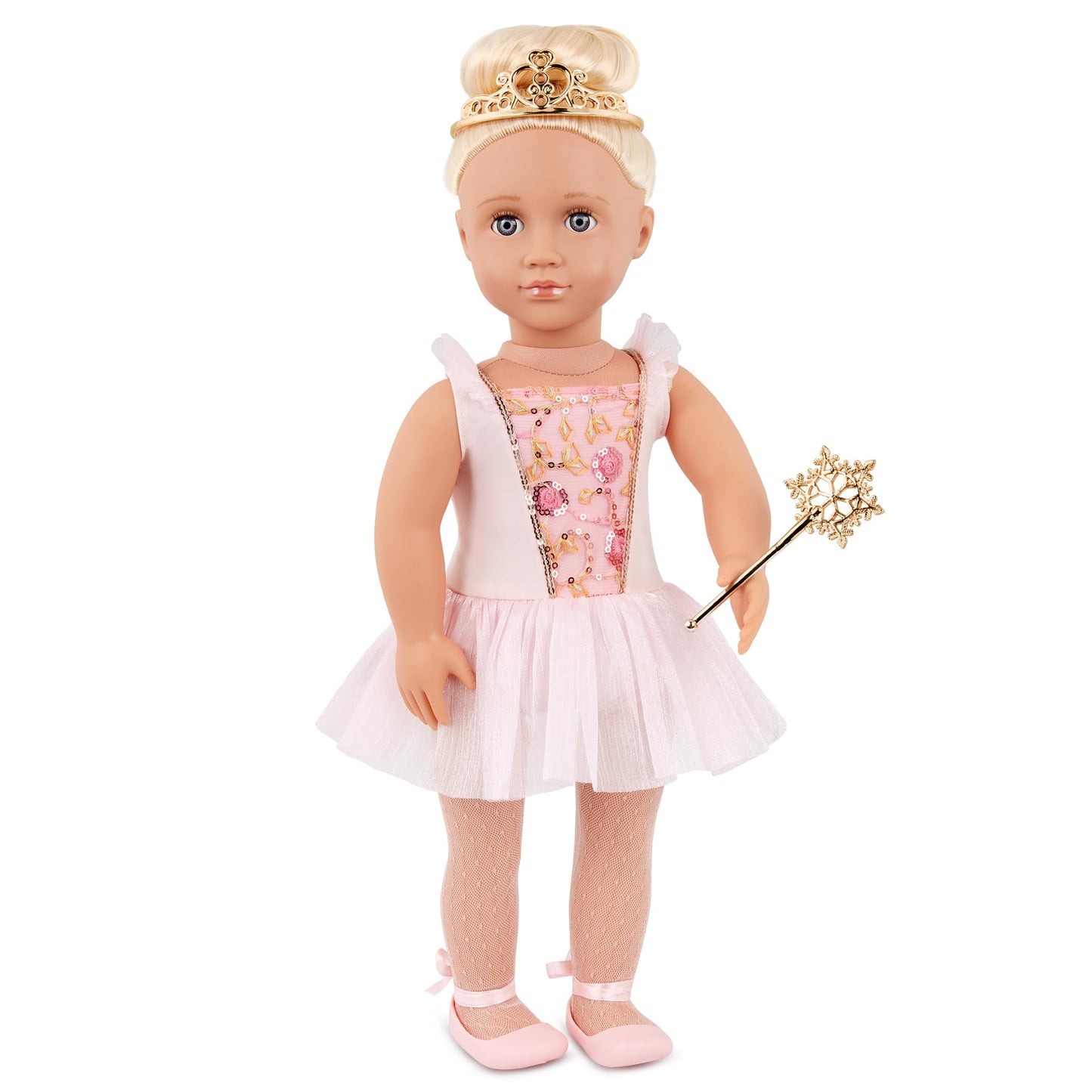 Lifelike Our Generation 18-inch Sugar Plum Fairy Doll with blue eyes, blonde hair, pink ballet dress, tiara, and wand.