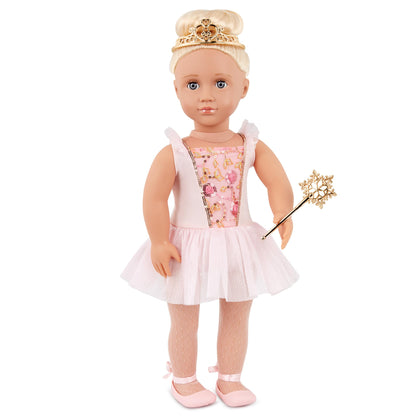 Lifelike Our Generation 18-inch Sugar Plum Fairy Doll with blue eyes, blonde hair, pink ballet dress, tiara, and wand.