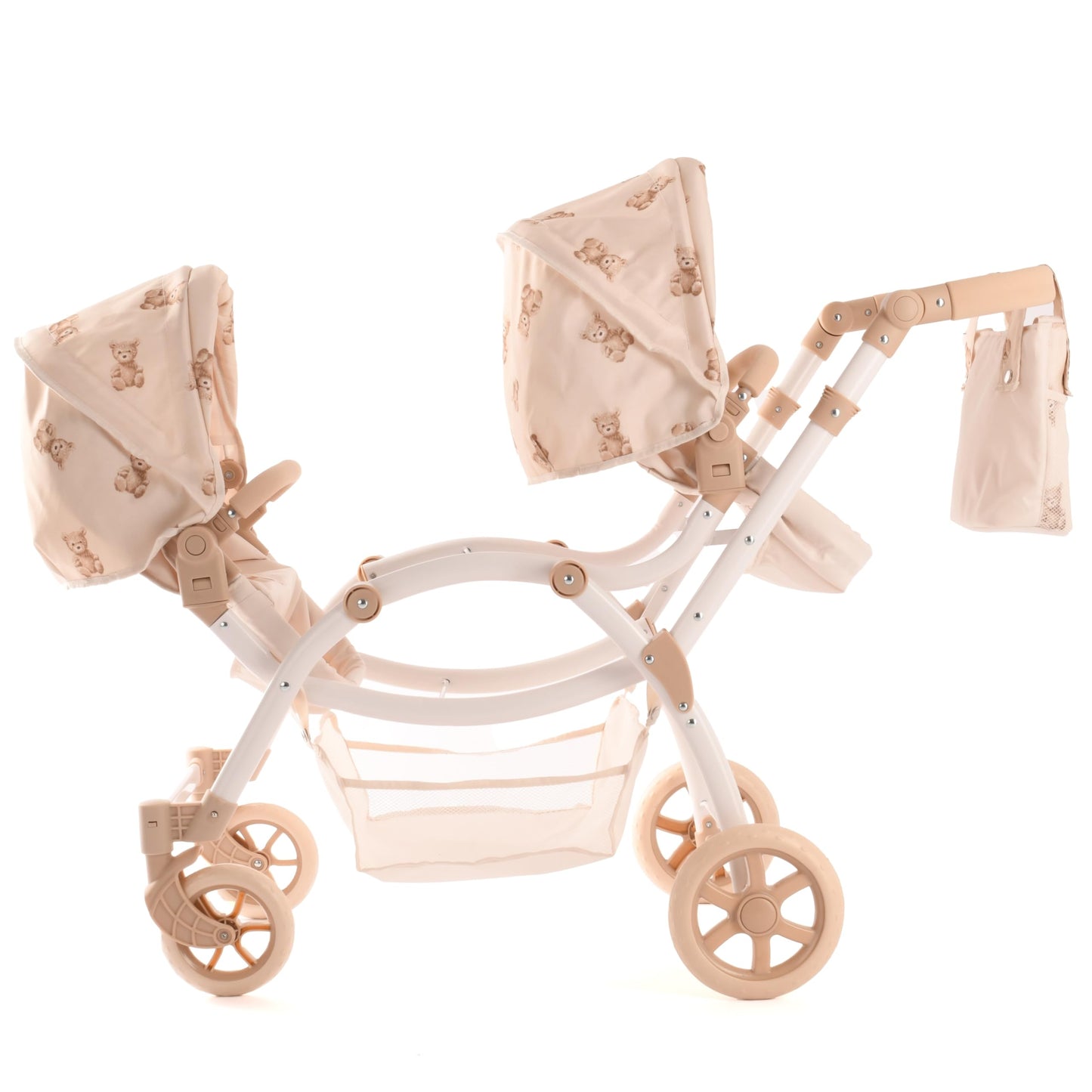 Roma Teddy Twin Dolls Pram - Realistic Double Dolls Pushchair for Ages 3-16, Cream with Teddy Print, Adjustable Handle, 16 Combinations, Ideal Toy Pram for Reborn Dolls, Includes Bag & Basket