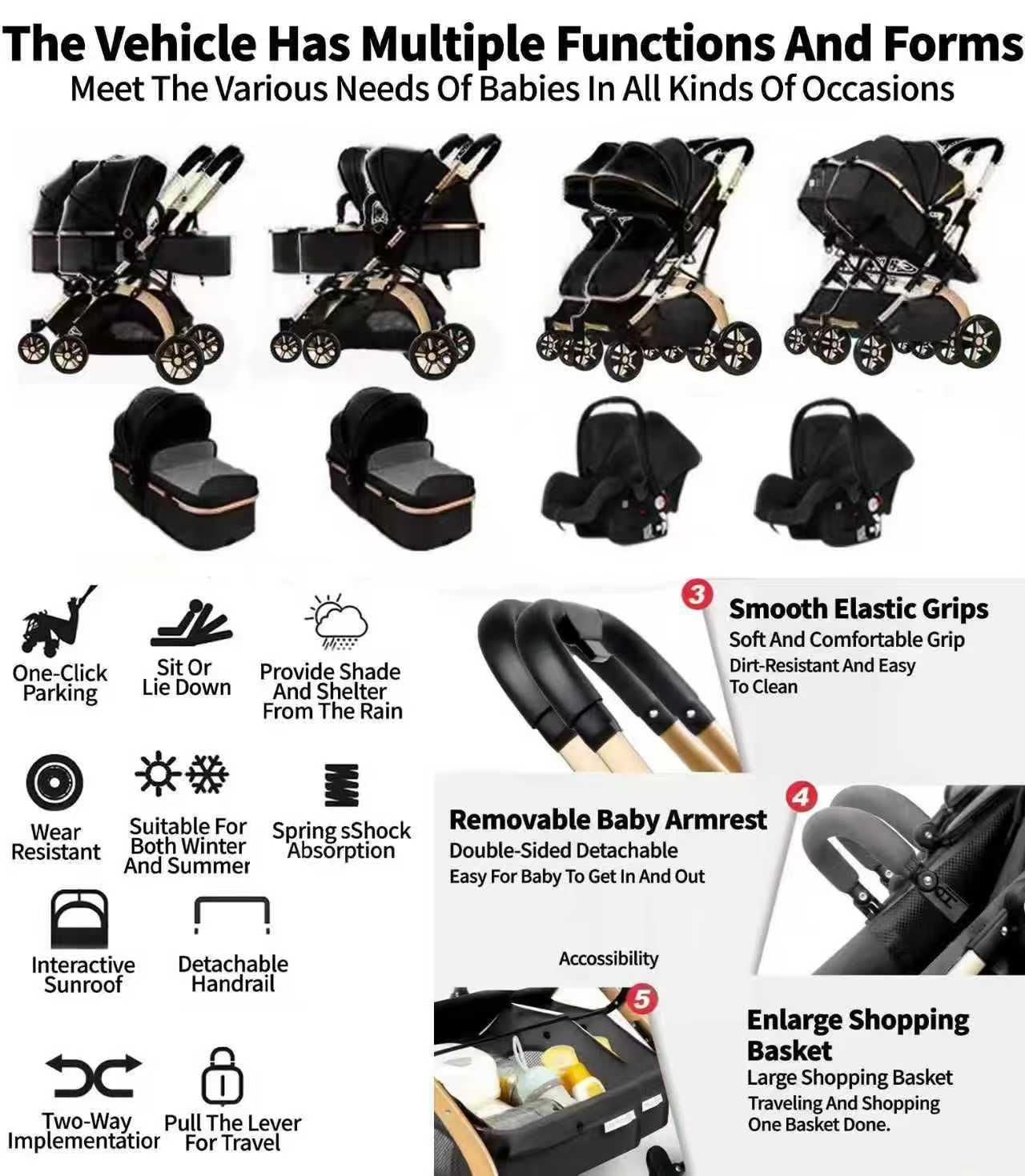 Rexhan Twin 4 in 1 Reversible Travel System, Foldable Double Baby Buggy, Twin Toddler Pram, Pushchair, Lightweight, Tandem All in One Stroller, Portable Baby Carriage, 0-4 Year, Aluminium Frame