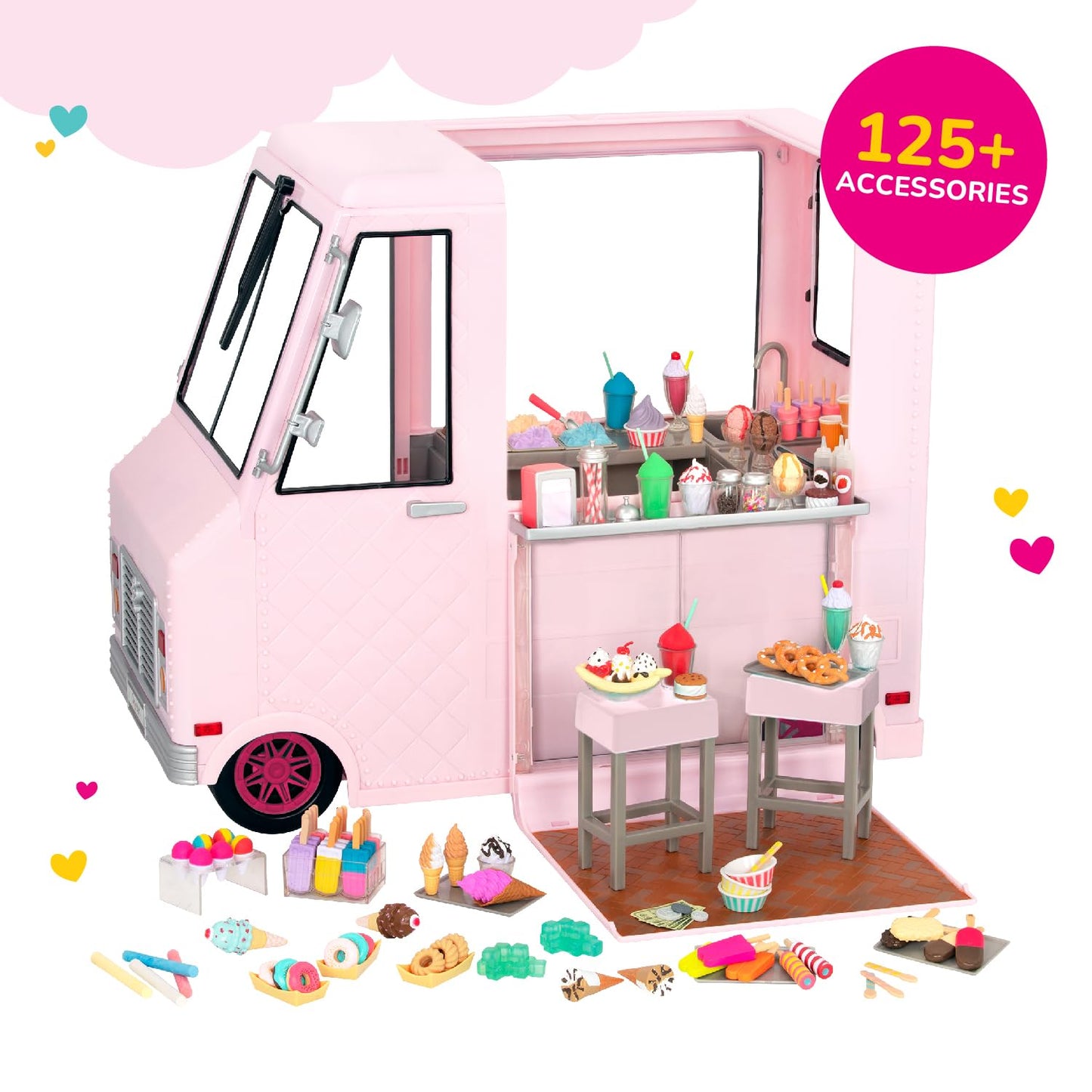 Our Generation pink ice cream truck playset for 18-inch dolls with various accessories displayed in the image.