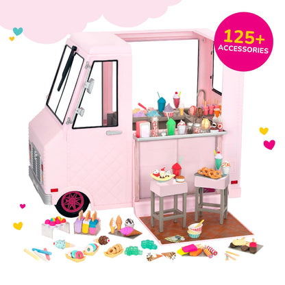Our Generation pink ice cream truck playset for 18-inch dolls with various accessories displayed in the image.