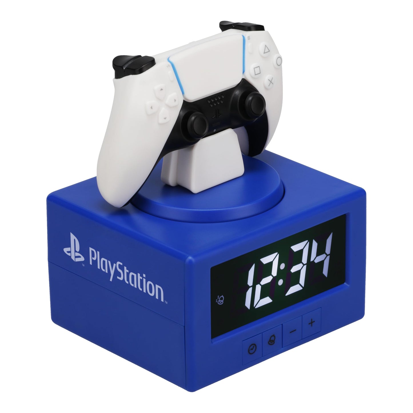 Paladone PlayStation DualSense controller digital alarm clock with night light, designed for kids and teens' gaming bedroom décor.