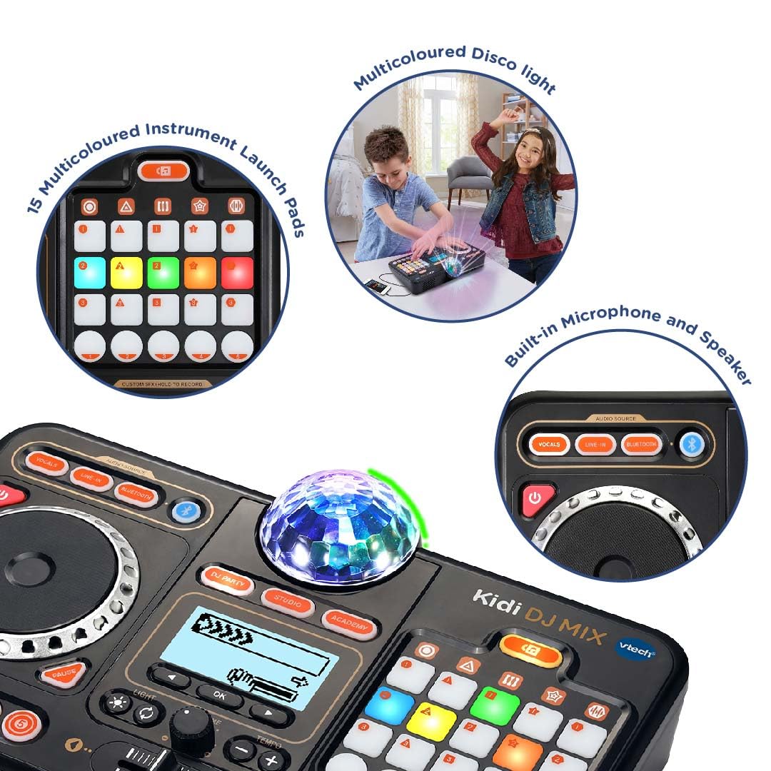 VTech Kidi DJ Mix toy DJ mixer in black with colorful buttons, lights, and effects for kids aged 6+ featuring 15 tracks and music styles.