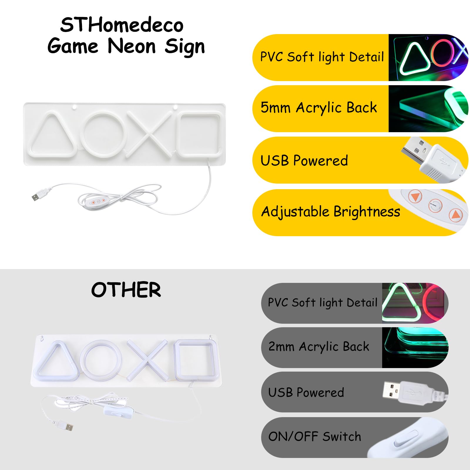 STHomedeco gaming LED wall art neon light with USB switch, gamer bedroom decor, colorful gaming LED sign for gaming space.
