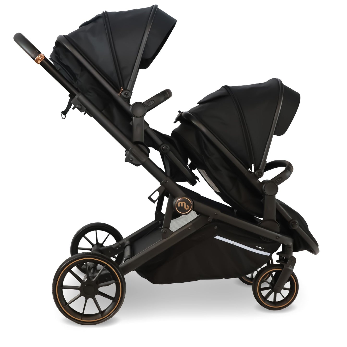 My Babiie MB33 Tandem Pushchair – Birth to 15kg Double Stroller, Twin Seat Units Convert to Carrycot, 11 Configurations, Duo Includes Car Seat Adapters, Rain Covers – Black Leopard