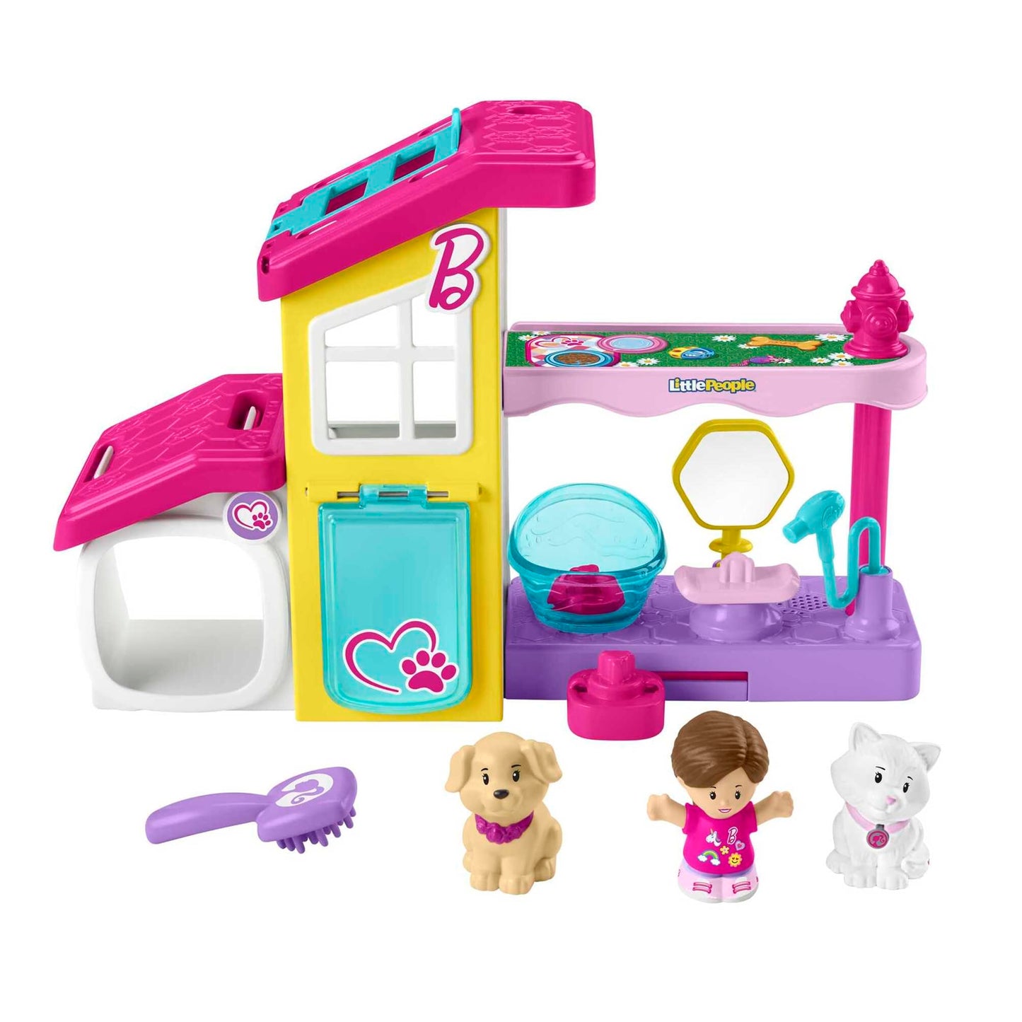 Fisher-Price Little People Barbie Toddler toy playset with pet spa, featuring figures, pet accessories, and music for pretend play.