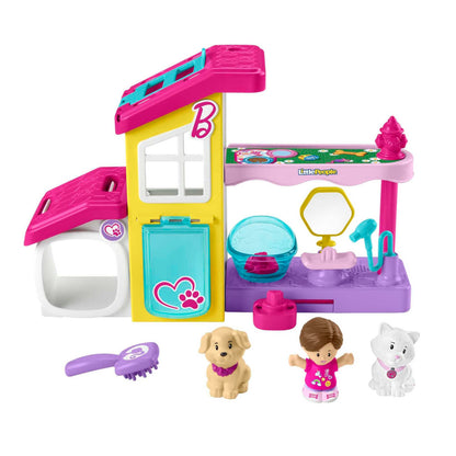 Fisher-Price Little People Barbie Toddler toy playset with pet spa, featuring figures, pet accessories, and music for pretend play.