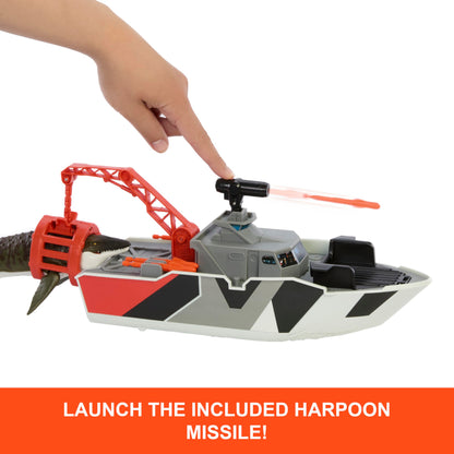 Mattel Jurassic World: Rebirth Matchbox Toy Car Playset, Jurassic World 12.5” Dino Boat with 13” Mosasaurus Dinosaur, 1:64 Die-Cast Jeep, Harpoon Missiles & Detachable Rescue Boat, JGG61