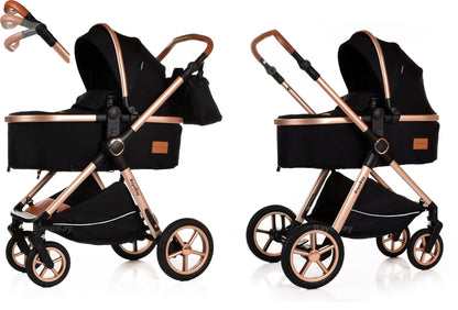 BayoBay 3-in-1 baby buggy pram, lightweight foldable stroller with car seat and carrycot, suitable for newborns and toddlers in black gold.
