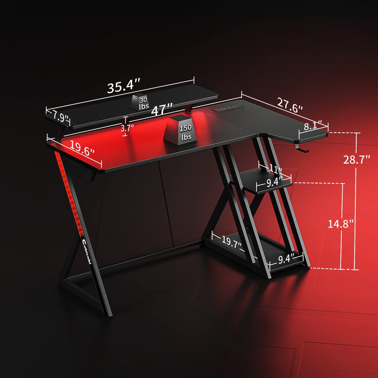 CubiCubi black L-shaped gaming desk with LED lights, monitor stand, shelves, hooks, and built-in power outlets for home office or gaming.