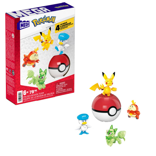 Mega Brands Pokémon action figure building set featuring Pikachu, Fuecoco, Sprigatito, Quaxly, and a Poké Ball.