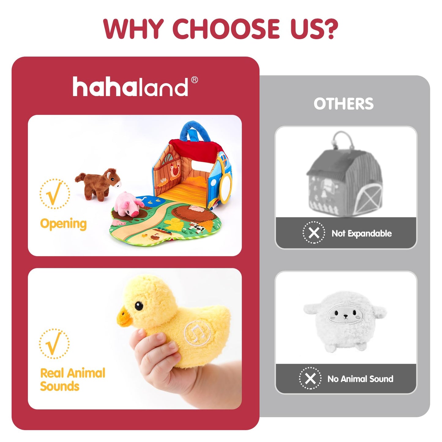 Plush farm animal sound toys set from hahaland, featuring crinkle, mirror for interactive sensory play for babies.