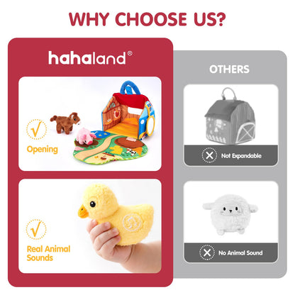 Plush farm animal sound toys set from hahaland, featuring crinkle, mirror for interactive sensory play for babies.