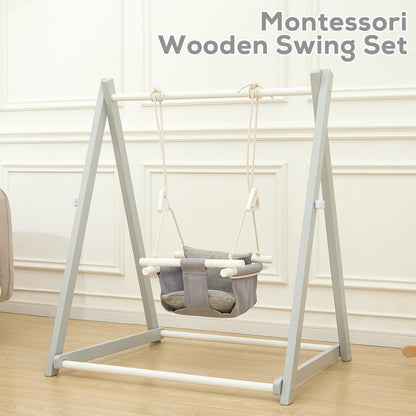 FUNLIO wooden toddler swing set with foldable design, grey finish, includes sandbags and extension straps for indoor or outdoor use.