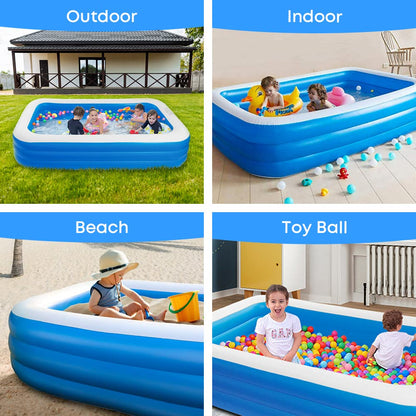 GALAXYER Inflatable Paddling Pool, 3 Rings Large Rectangular Family Swimming Center for Kids Toddlers Adult, Indoor Outdoor Garden Swimming Pool, 205 × 125 × 50 CM