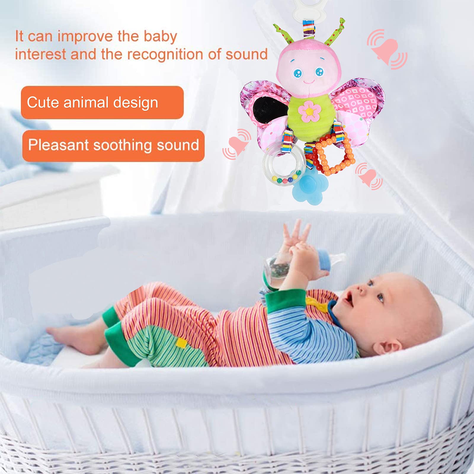 Funsland baby pram toys clip on car seat and stroller toys with hanging rattle, soft sensory toys for infants 0-6 months.