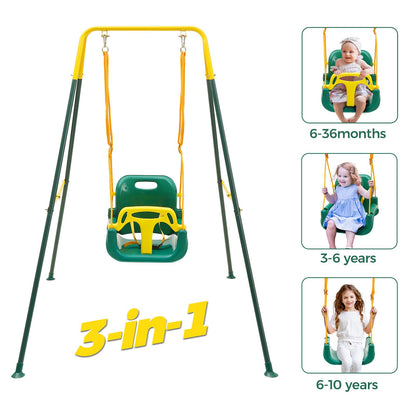FUNLIO Toddler Swing with Safety Harness, Heavy-Duty Kid Swing for Garden & Indoor Use, Folding Metal Stand, Outdoor Play Equipment for Children - Green
