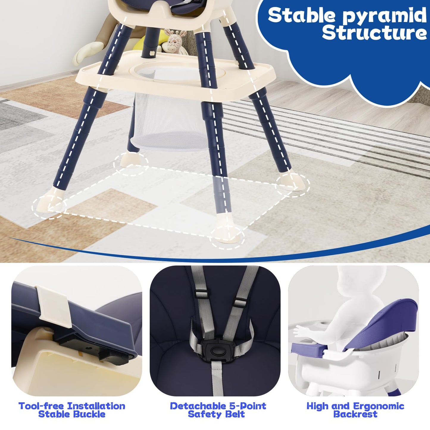 7-in 1 Baby High Chair, Highchair with Removable Game Table, Adjustable Height, Footrest, Portable Baby Chair Multifunctional Combination for Babies Toddlers (Blue)