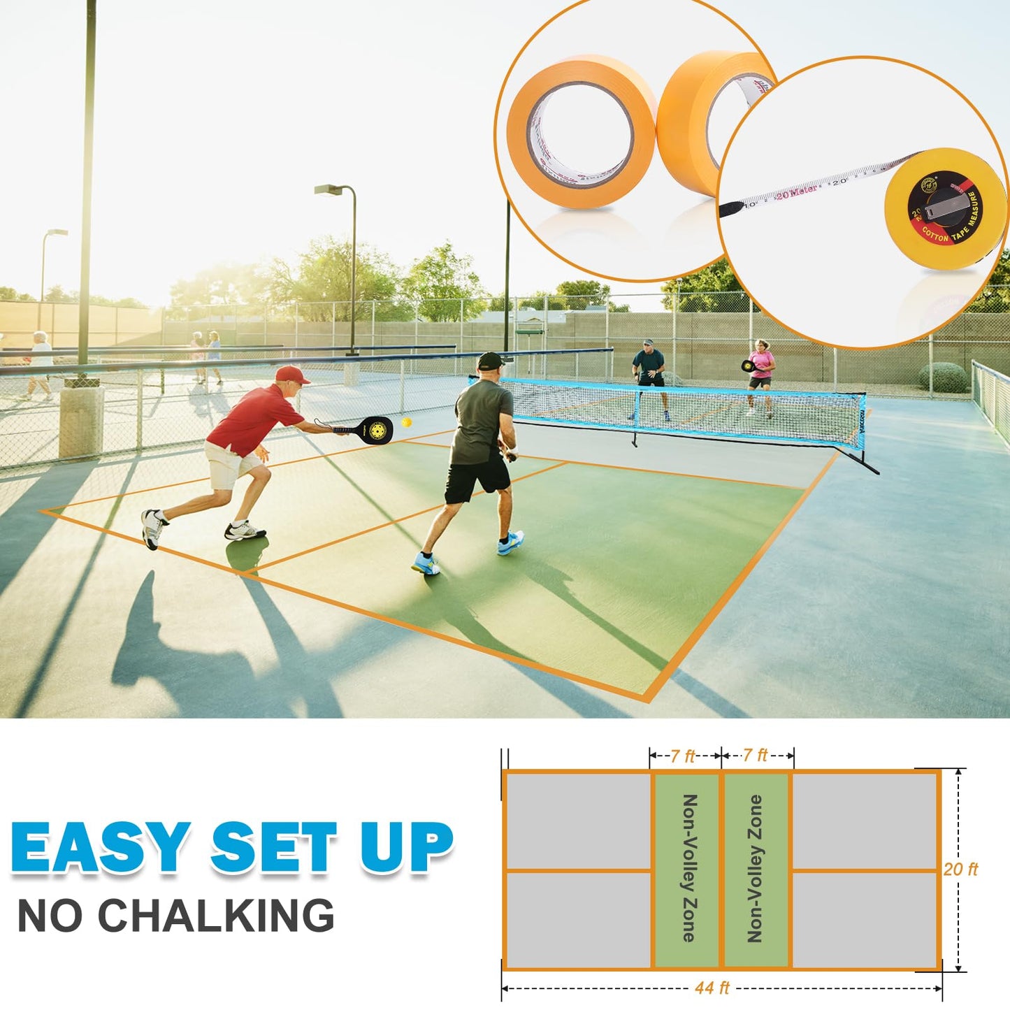 Amicoson pickleball set with 22ft black net, 4 wooden paddles, 8 pickleballs, carrying bag, court tape, and measuring tape.