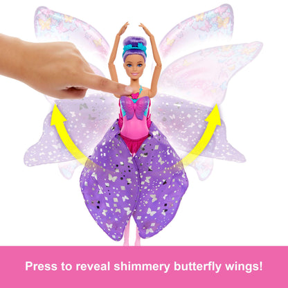 Barbie Dance and Flutter Doll with 2-in-1 Transformation from Dancer to Butterfly with Opening Wings, Purple Hair, Headpiece & Removable Tutu, HXJ10