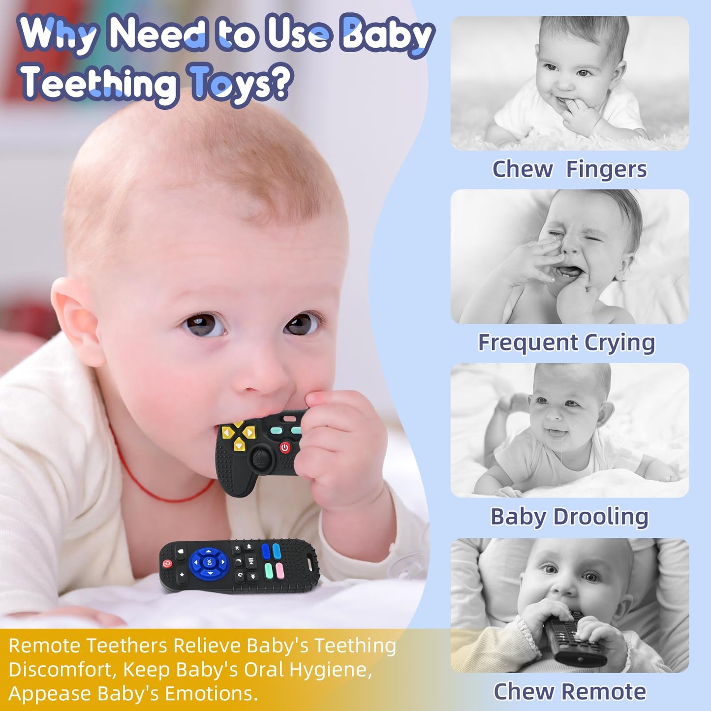 Mailesi teething sensory toys for babies, black silicone remote control teethers designed for infants 0-12 months.