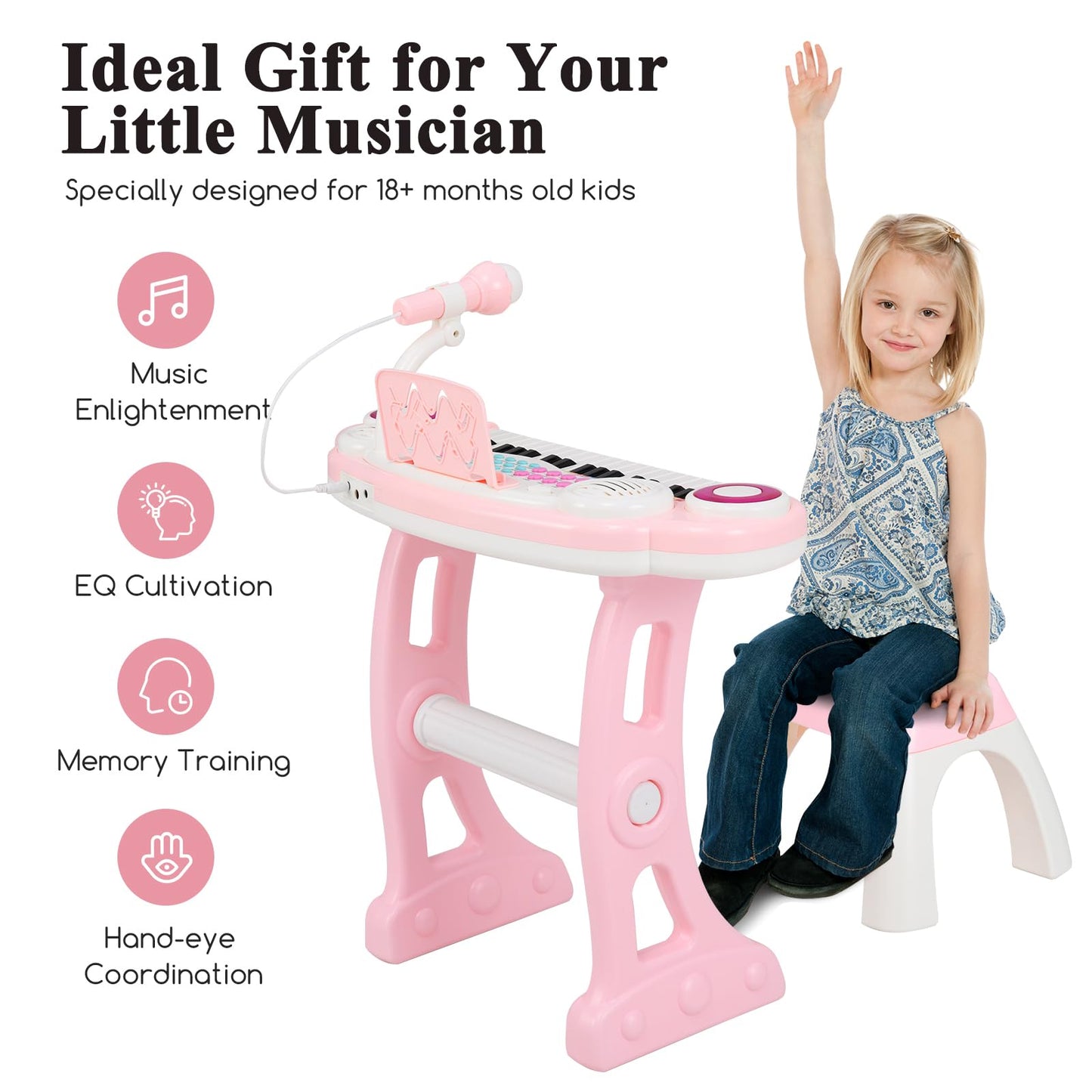 Pink Maxmass 37-key kids electric piano keyboard with stool, microphone, flashing lights, music score, and record/playback features.