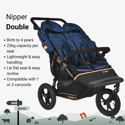 Out’n’About Nipper Double V6 Pushchair | Lightweight All-Terrain Twin Buggy with Raincover, 12” Air-Filled Wheels & Compact Fold | Side-by-Side Double Stroller for Newborn to Toddler - Highland Blue