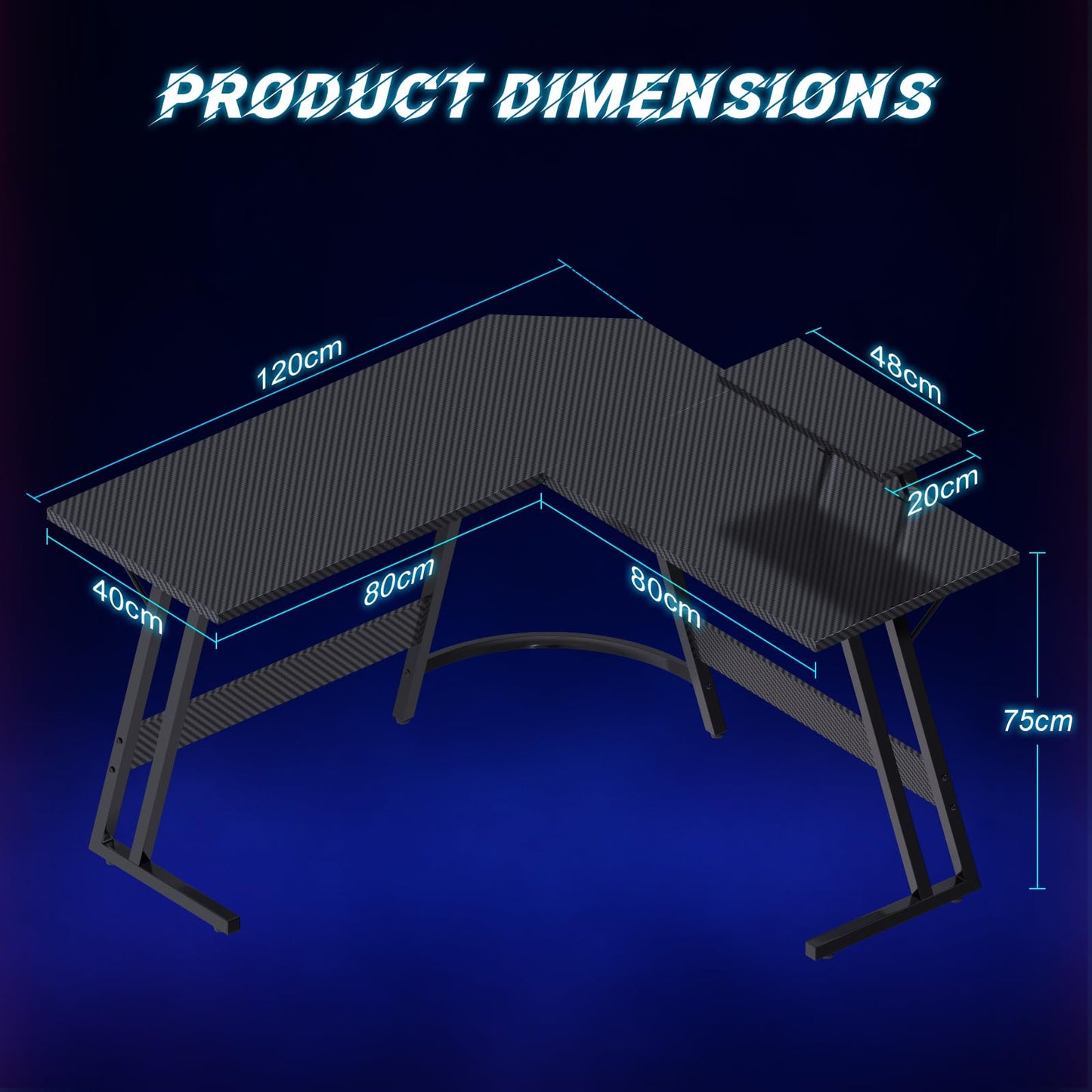 JUMMICO L Shaped Gaming Desk with Large Monitor Stand 120x120x75cm,Corner Desk for Home Office Study Writing Workstation, Carbon Fibre Black