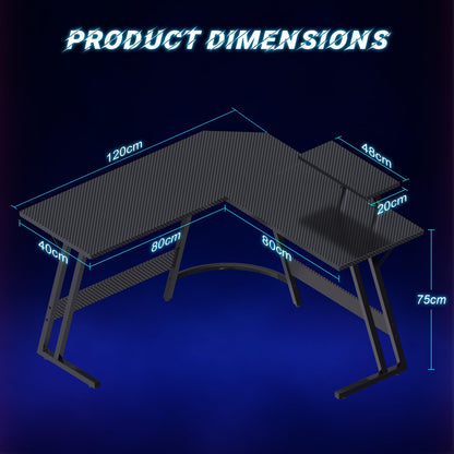 JUMMICO L Shaped Gaming Desk with Large Monitor Stand 120x120x75cm,Corner Desk for Home Office Study Writing Workstation, Carbon Fibre Black