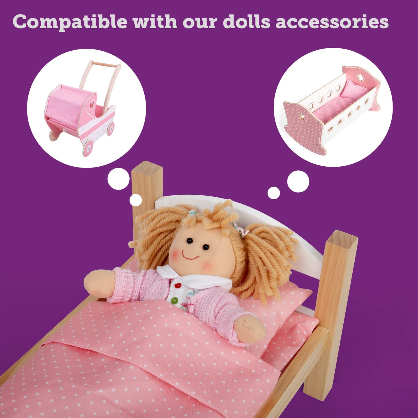 Bigjigs Toys Poppy doll, 28cm plush ragdoll with strawberry blonde pigtails and floral white dress, soft cuddly baby toy.