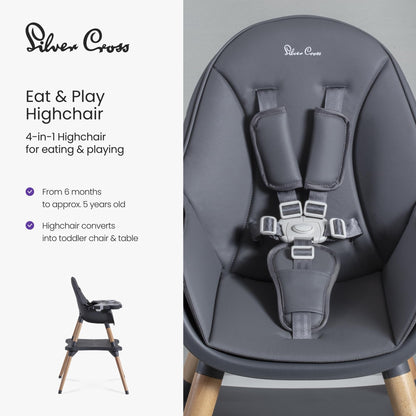 Silver Cross - Eat&Play 4-in-1 Highchair - Convertible Baby Chair - Highchair, Booster seat, Toddler Chair & Table All in 1-6 Months to 5 Years - Graphite
